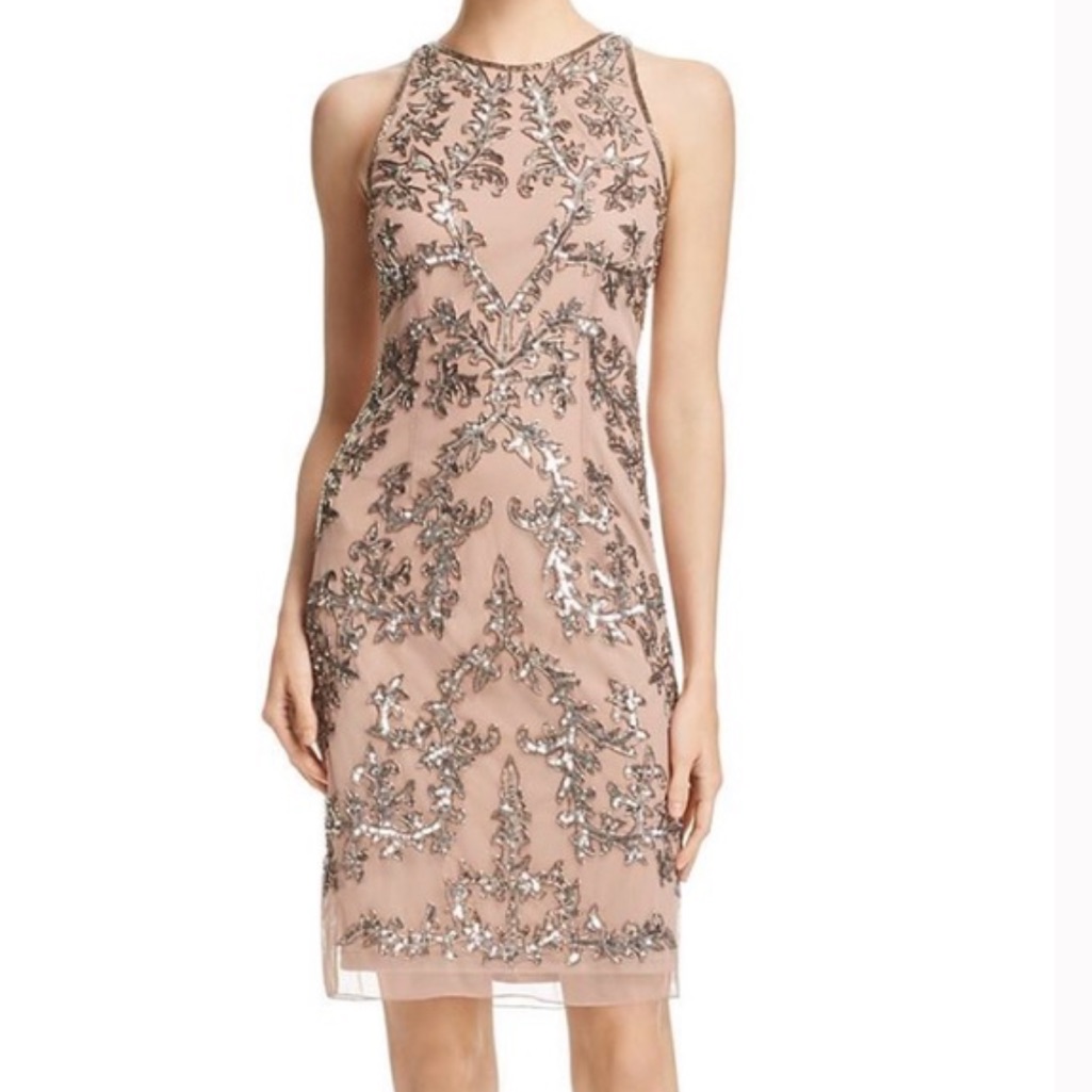 Adrianna Papell Rose Gold Beaded Dress Bridal Size 6 Small